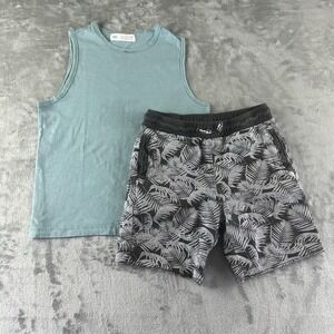 Zara Outfit Set Boy's 7 Shorts Tank Top Blue Gray Palm Leaf Print